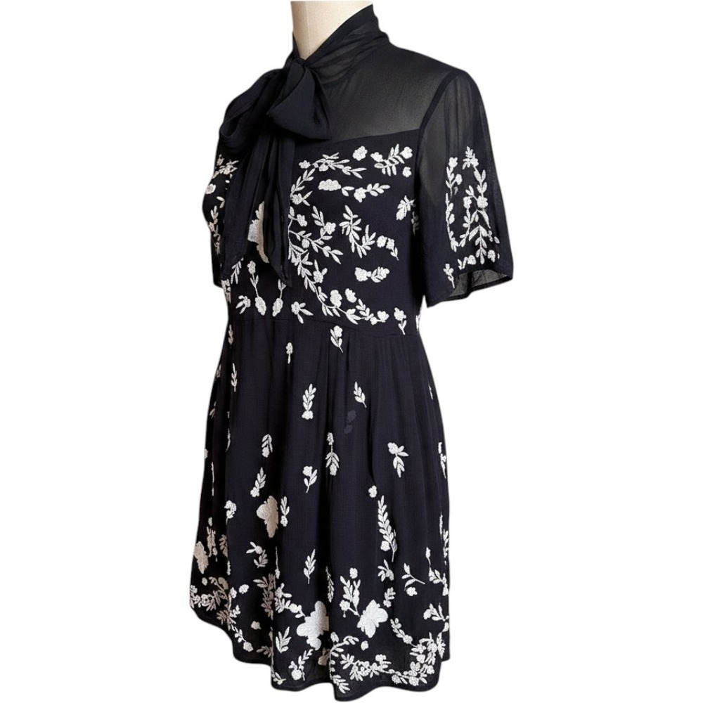 French Connection Dress S Black Dark Romance Coquette Embroidered Tie Neck Mesh - Picture 1 of 8